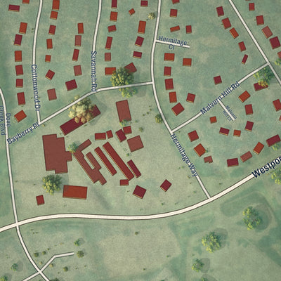 Close-up of the map of Plantation, Kentucky print showing street and building detail
