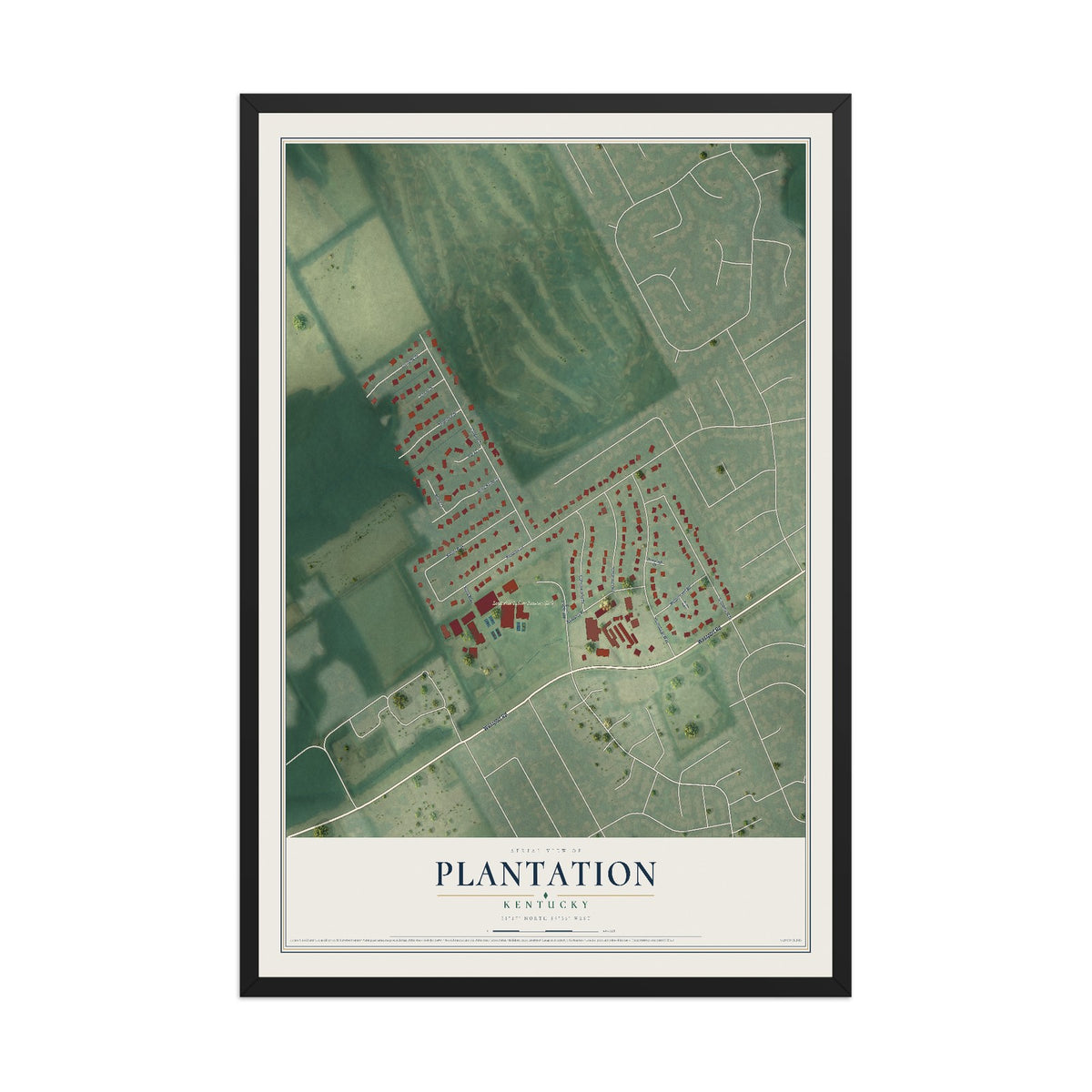 Map of Plantation, Kentucky, 12 x 18 inch print in a black wood frame