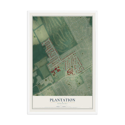Map of Plantation, Kentucky, 12 x 18 inch print in a white wood frame