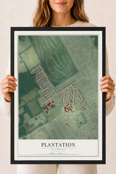 Map of Plantation, Kentucky, 18 x 24 inch print in a black wood frame