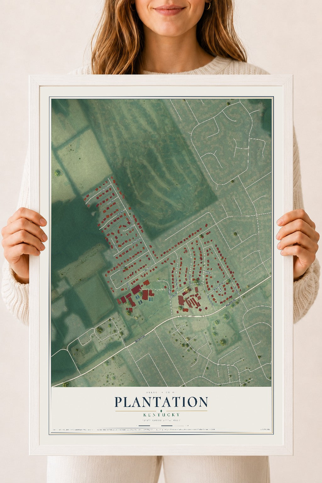 Map of Plantation, Kentucky, 18 x 24 inch print in a white wood frame