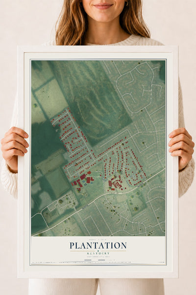 Map of Plantation, Kentucky, 18 x 24 inch print in a white wood frame