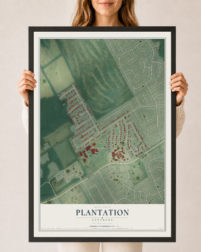 Map of Plantation, Kentucky, 24 x 36 inch print in a black wood frame