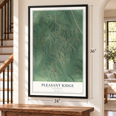 Pleasant Ridge, Kentucky map, 24 x 36 inch print in a black frame by a staircase