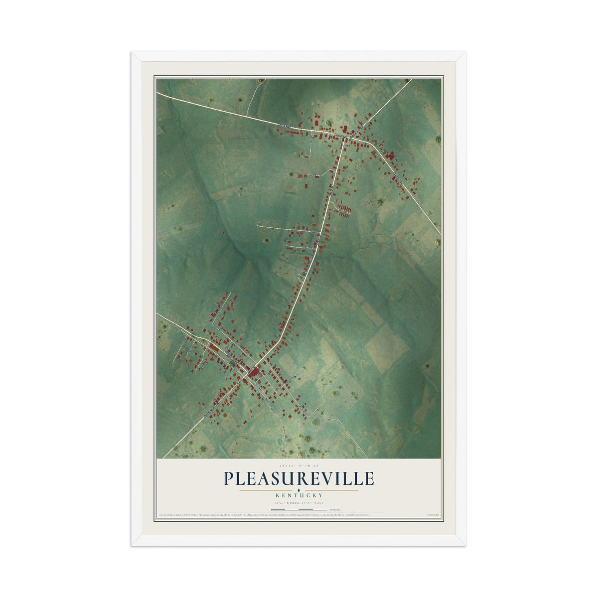 Map of Pleasureville, Kentucky, 12 x 18 inch print in a white wood frame