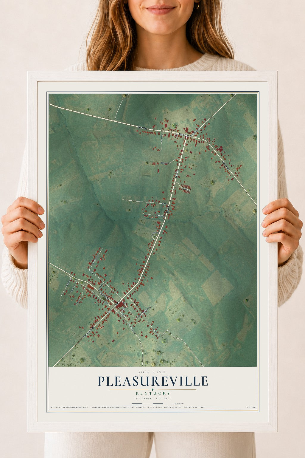 Map of Pleasureville, Kentucky, 18 x 24 inch print in a white wood frame