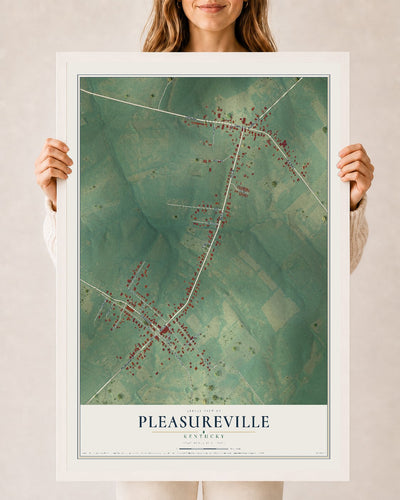 Map of Pleasureville, Kentucky, 24 x 36 inch print in a white wood frame