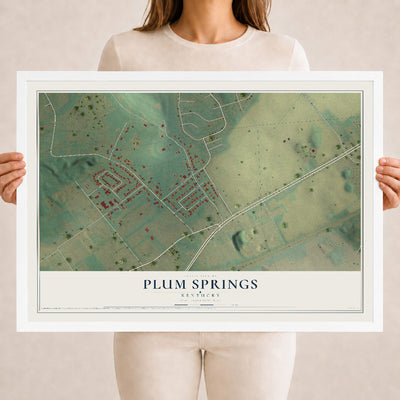 Map of Plum Springs, Kentucky, 18 x 24 inch print in a white wood frame