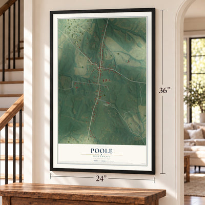 Poole, Kentucky map, 24 x 36 inch print in a black frame by a staircase