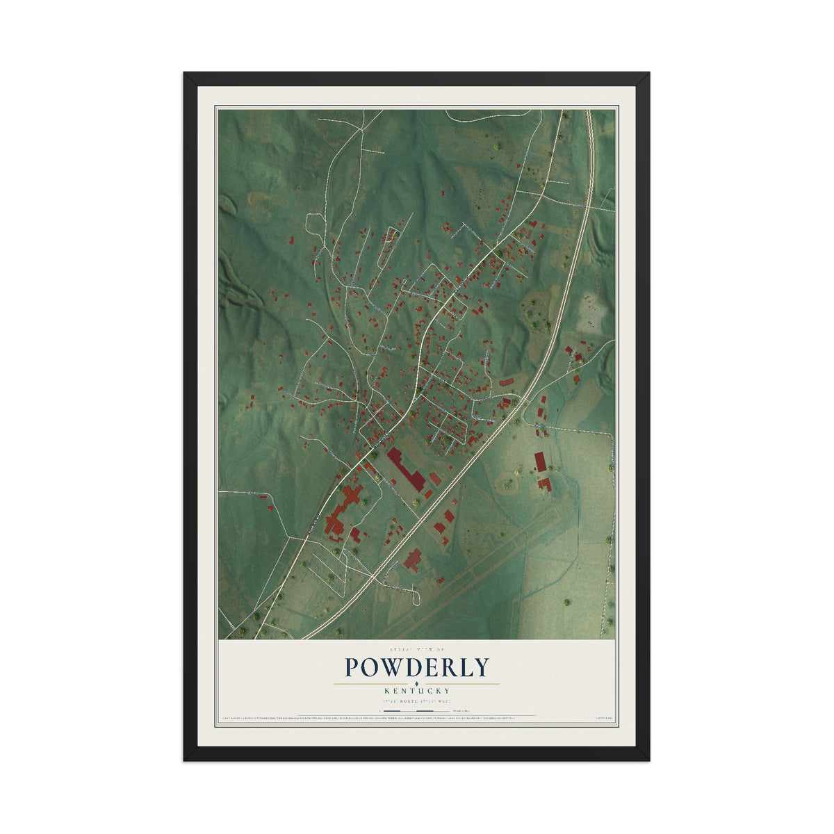 Map of Powderly, Kentucky, 12 x 18 inch print in a black wood frame