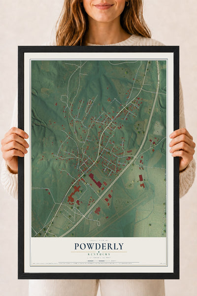 Map of Powderly, Kentucky, 18 x 24 inch print in a black wood frame