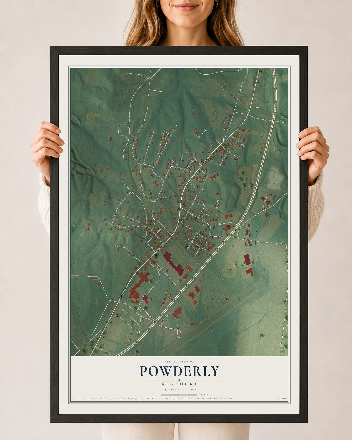 Map of Powderly, Kentucky, 24 x 36 inch print in a black wood frame