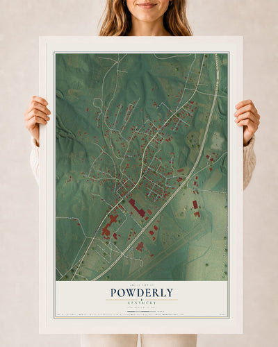 Map of Powderly, Kentucky, 24 x 36 inch print in a white wood frame