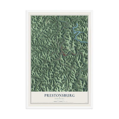 Map of Prestonsburg, Kentucky, 12 x 18 inch print in a white wood frame
