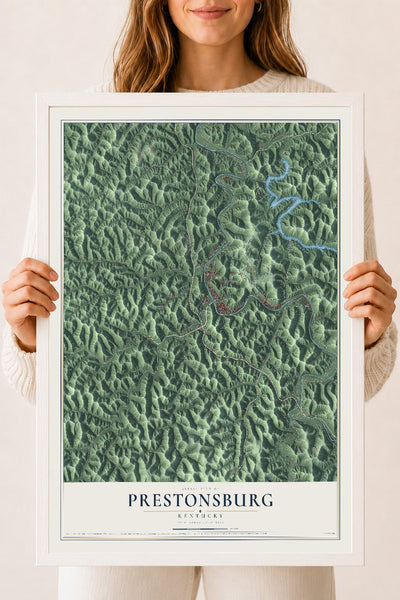 Map of Prestonsburg, Kentucky, 18 x 24 inch print in a white wood frame