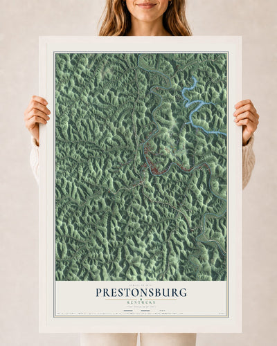 Map of Prestonsburg, Kentucky, 24 x 36 inch print in a white wood frame