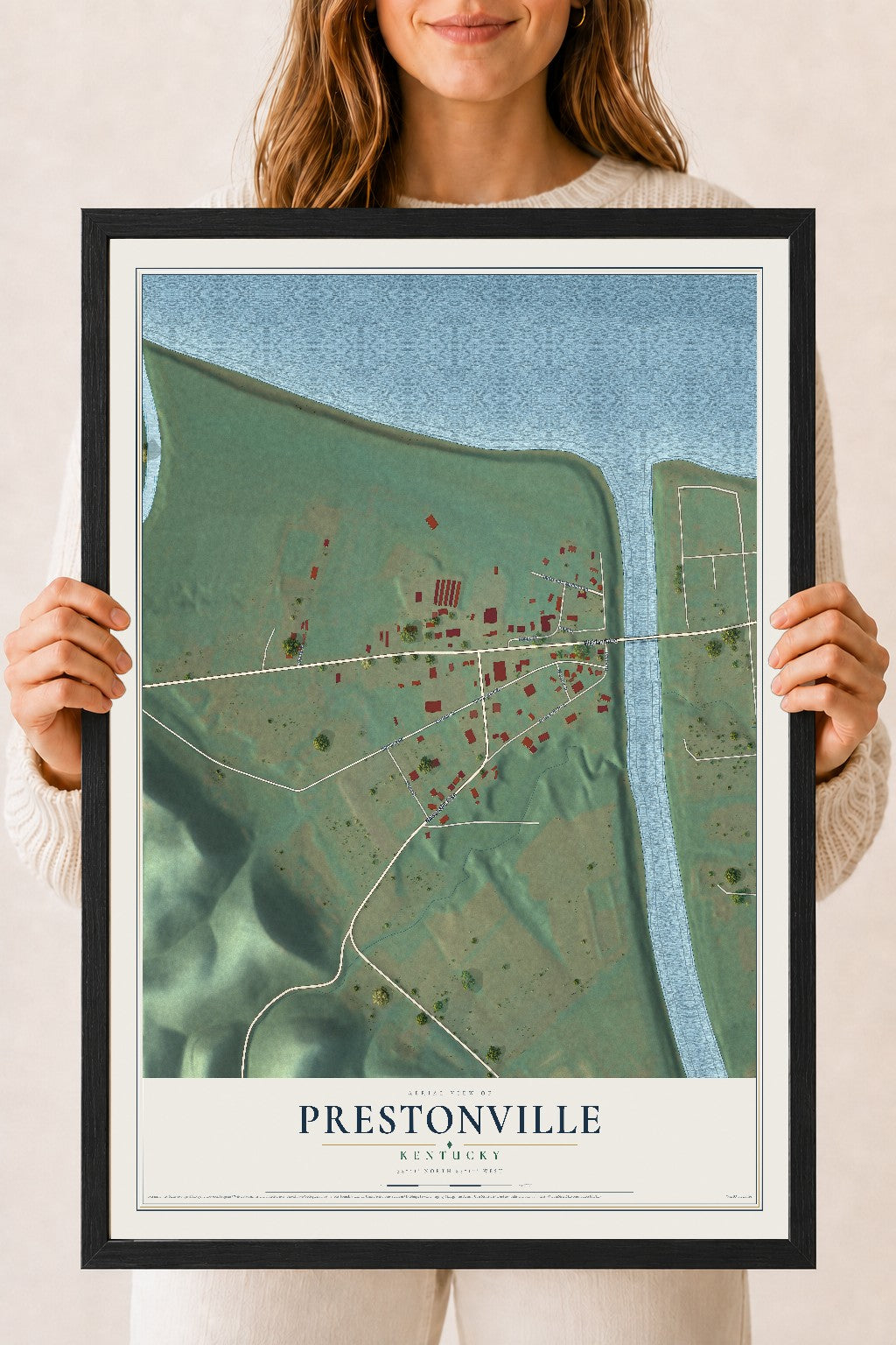 Map of Prestonville, Kentucky, 18 x 24 inch print in a black wood frame