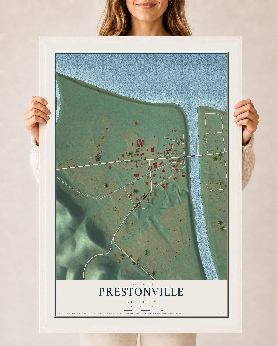 Map of Prestonville, Kentucky, 24 x 36 inch print in a white wood frame