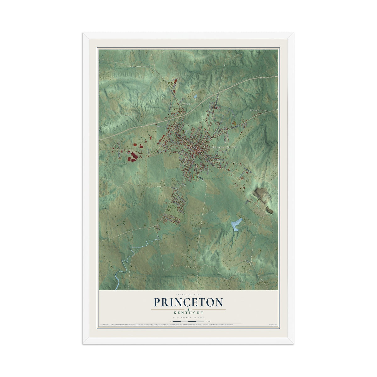 Map of Princeton, Kentucky, 12 x 18 inch print in a white wood frame