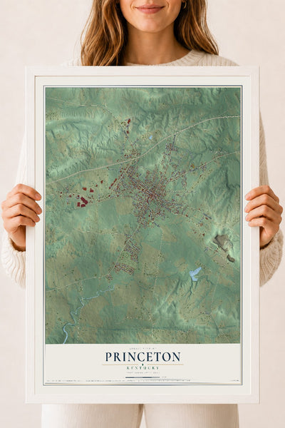 Map of Princeton, Kentucky, 18 x 24 inch print in a white wood frame