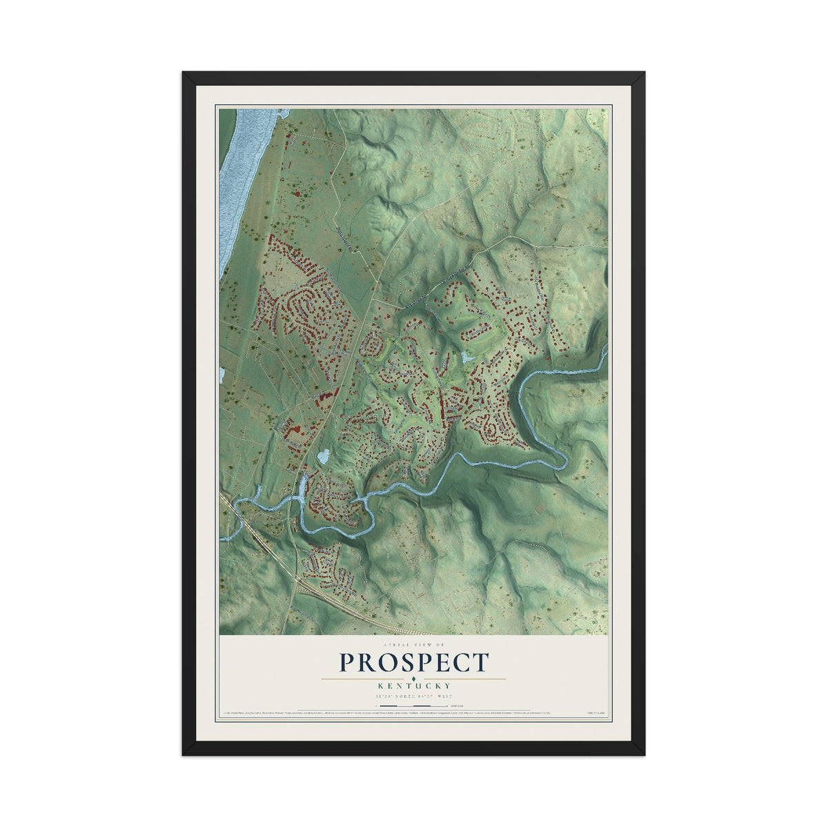 Map of Prospect, Kentucky, 12 x 18 inch print in a black wood frame