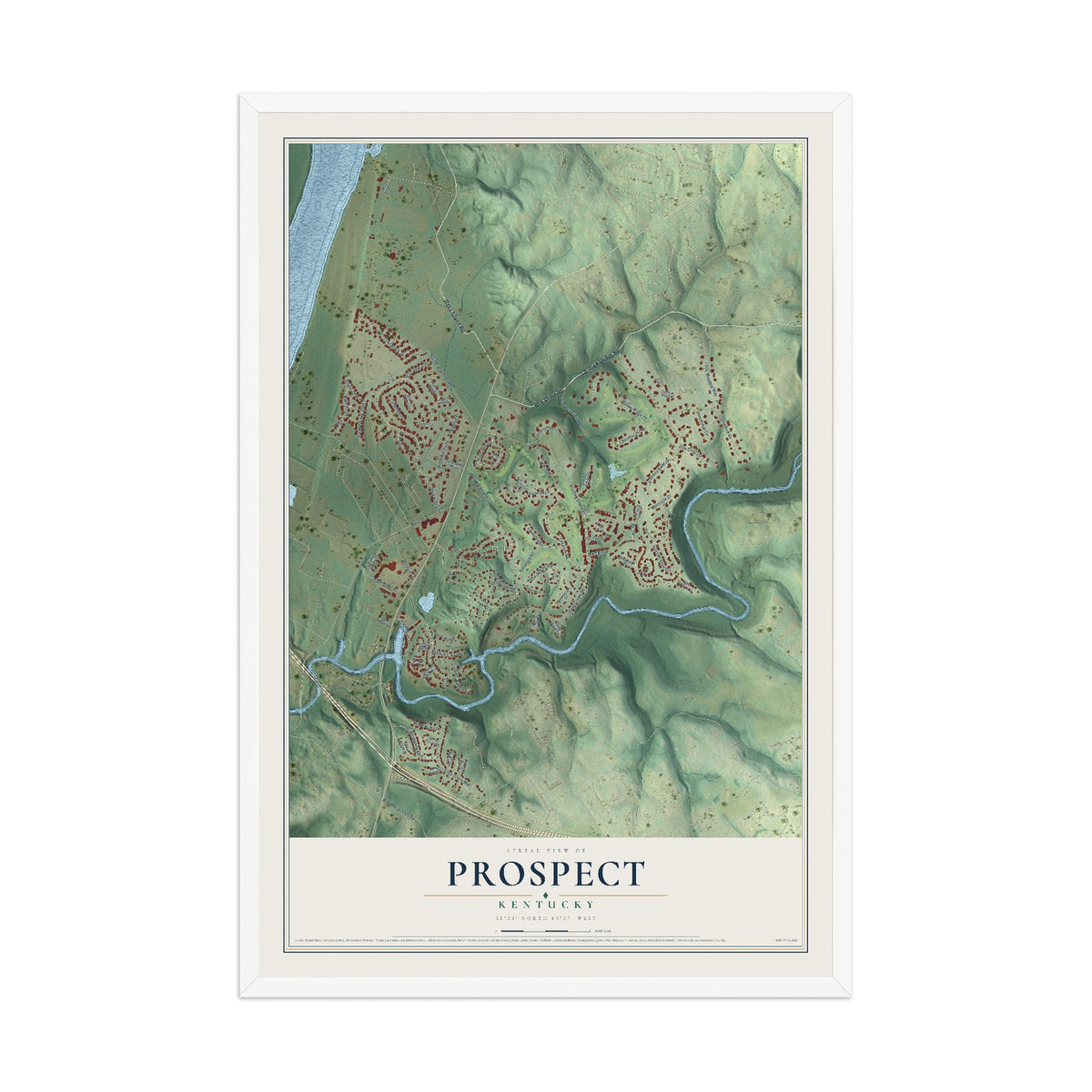 Map of Prospect, Kentucky, 12 x 18 inch print in a white wood frame