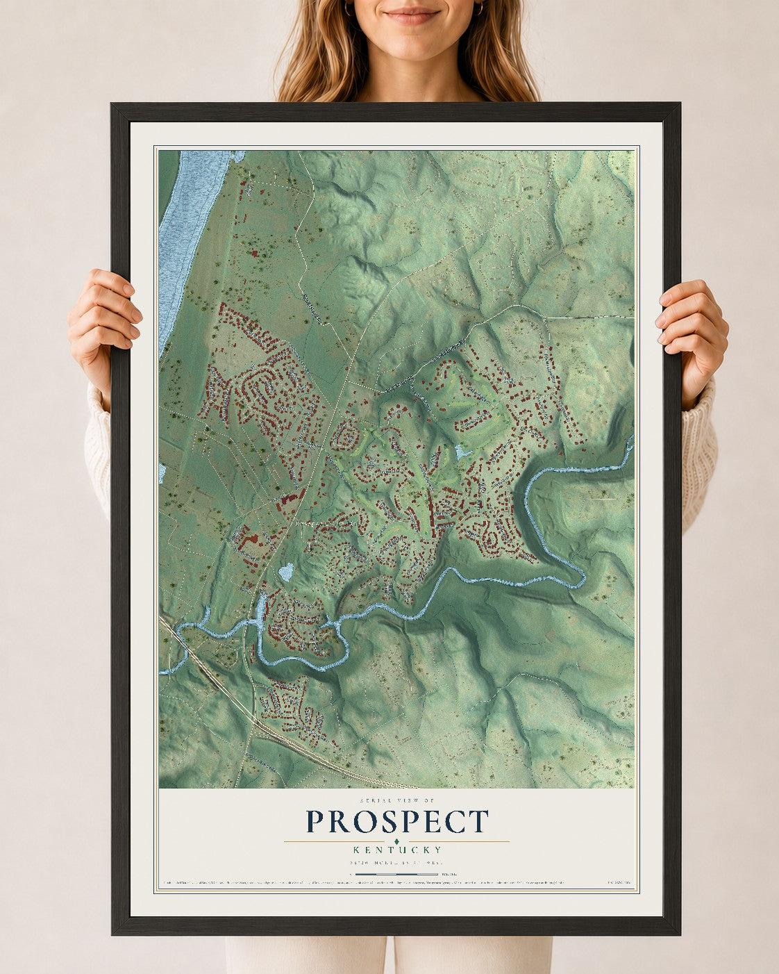 Map of Prospect, Kentucky, 24 x 36 inch print in a black wood frame
