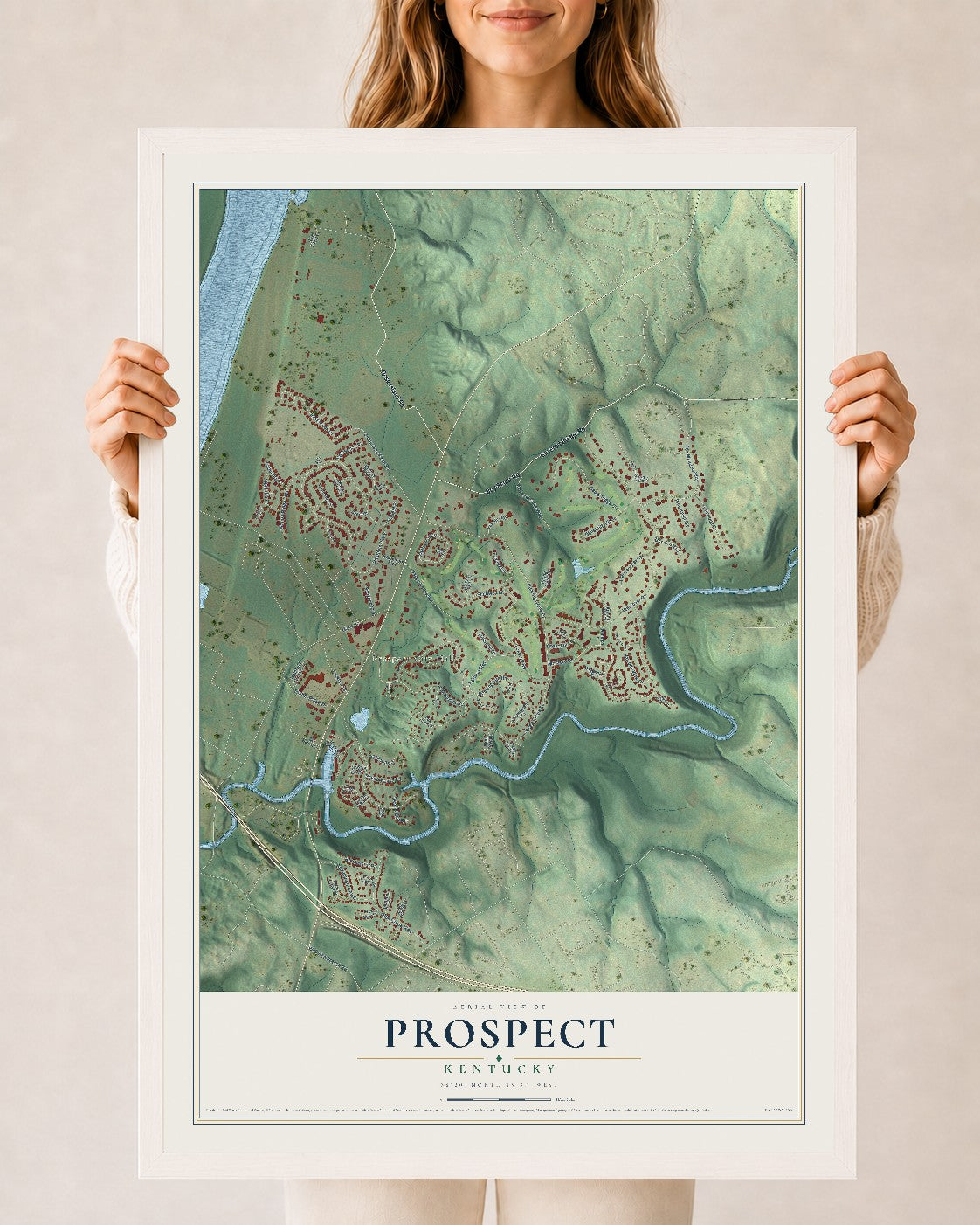 Map of Prospect, Kentucky, 24 x 36 inch print in a white wood frame