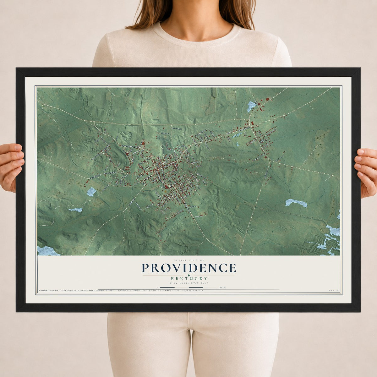 Map of Providence, Kentucky, 18 x 24 inch print in a black wood frame