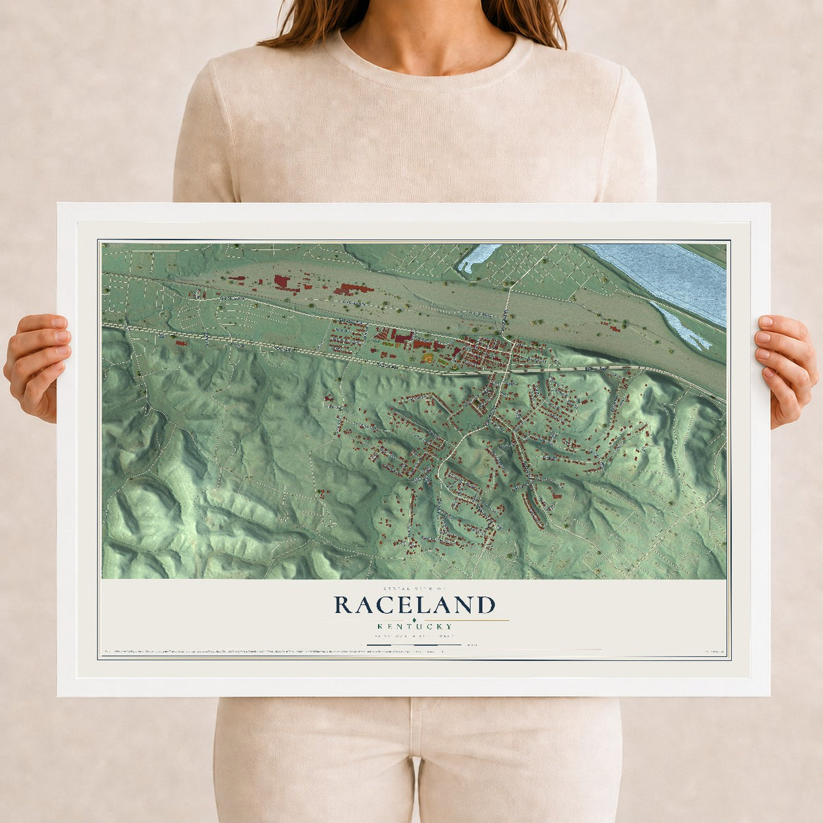 Map of Raceland, Kentucky, 12 x 18 inch print in a white wood frame