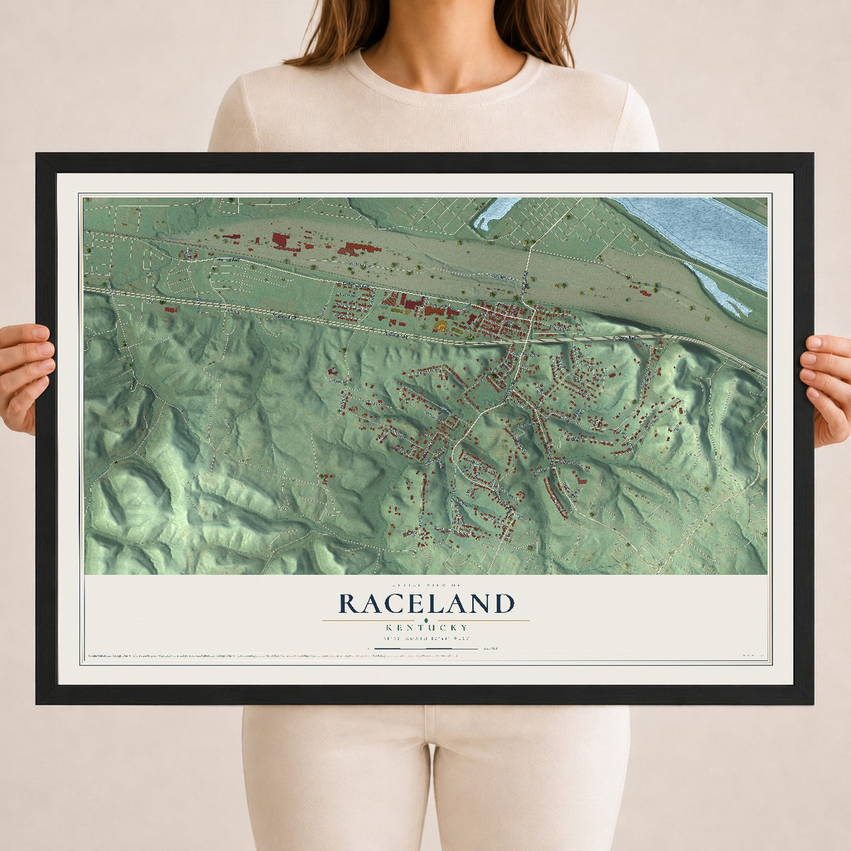 Map of Raceland, Kentucky, 18 x 24 inch print in a black wood frame