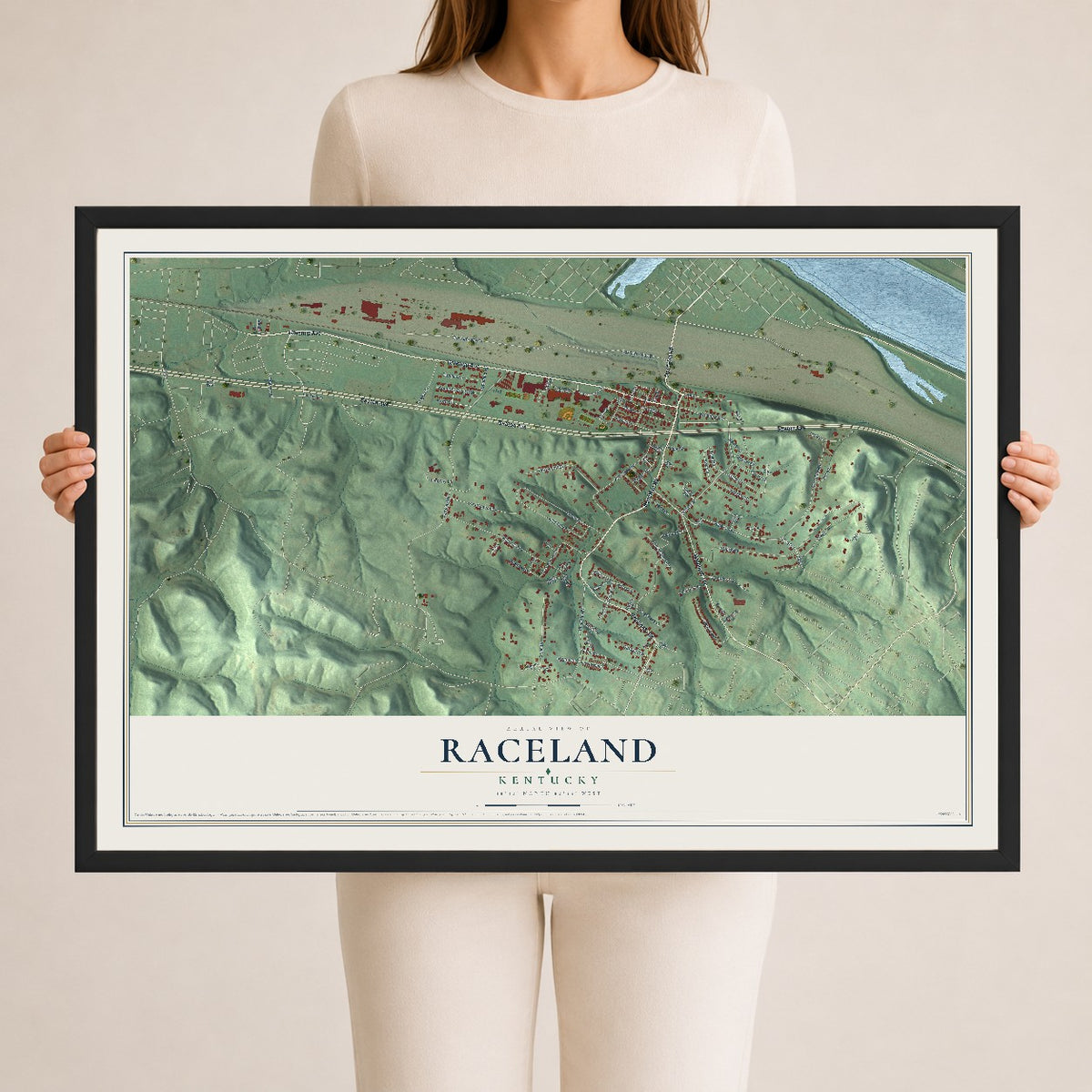 Map of Raceland, Kentucky, 24 x 36 inch print in a black wood frame