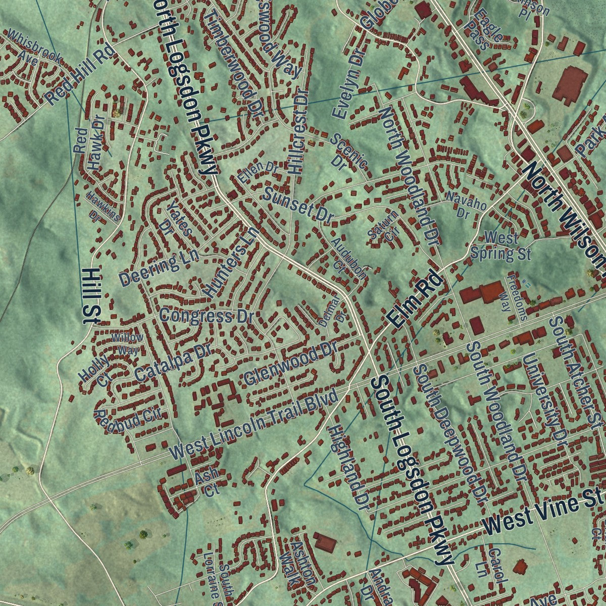 Close-up of the map of Radcliff, Kentucky print showing street and building detail