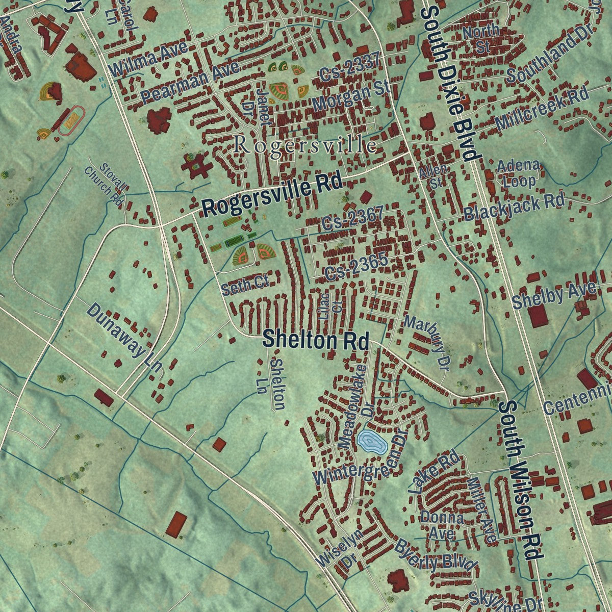 Second close-up of the map of Radcliff, Kentucky print showing more streets and buildings