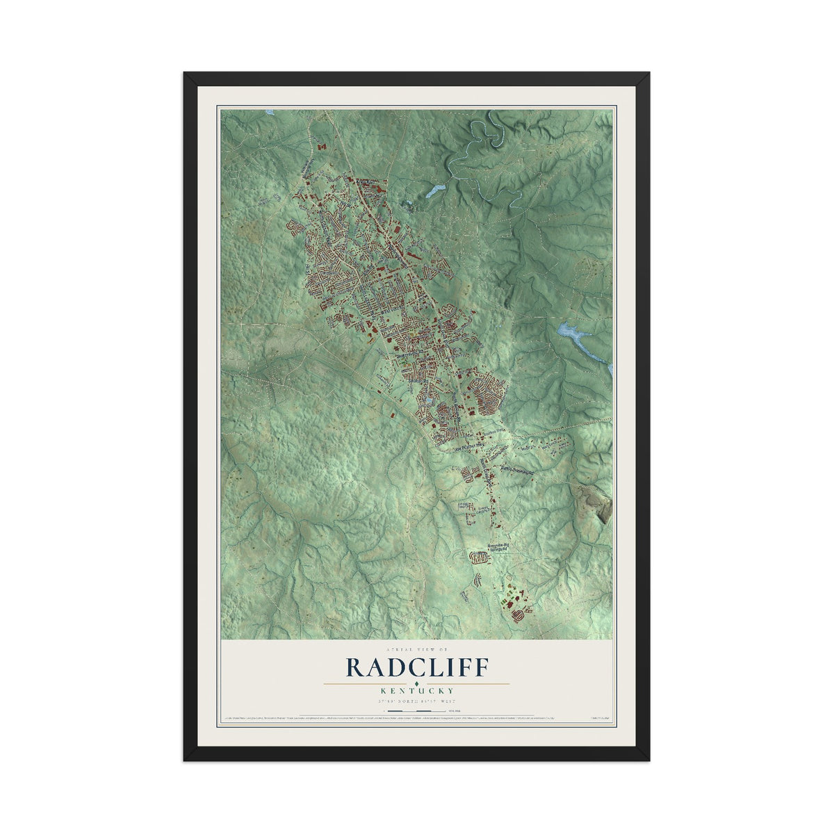 Map of Radcliff, Kentucky, 12 x 18 inch print in a black wood frame