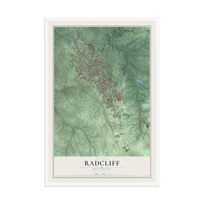 Map of Radcliff, Kentucky, 12 x 18 inch print in a white wood frame