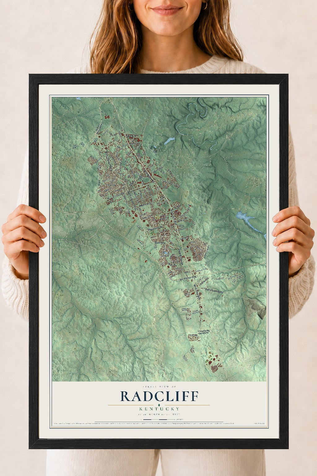 Map of Radcliff, Kentucky, 18 x 24 inch print in a black wood frame