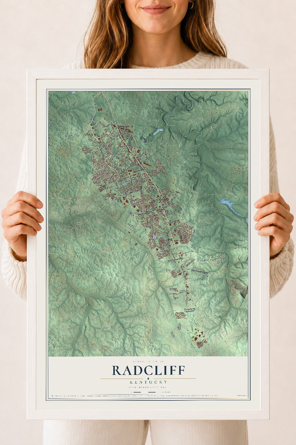 Map of Radcliff, Kentucky, 18 x 24 inch print in a white wood frame