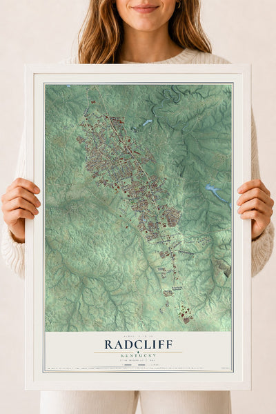 Map of Radcliff, Kentucky, 18 x 24 inch print in a white wood frame