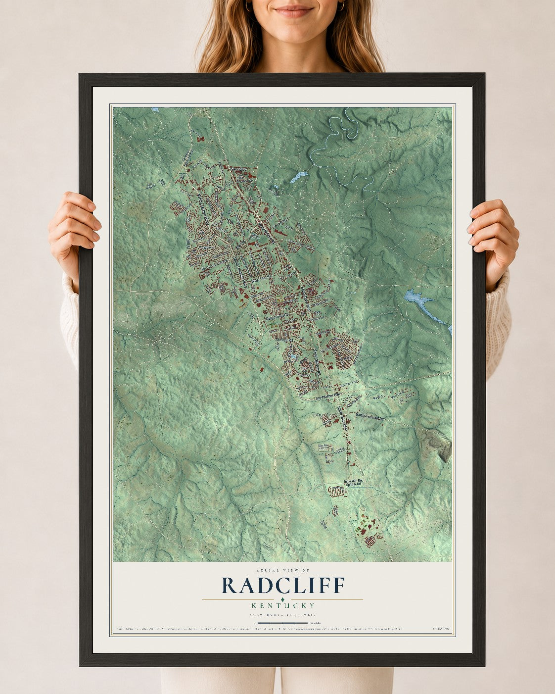 Map of Radcliff, Kentucky, 24 x 36 inch print in a black wood frame