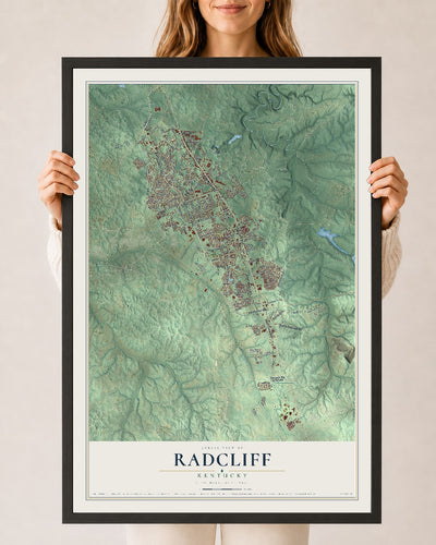 Map of Radcliff, Kentucky, 24 x 36 inch print in a black wood frame