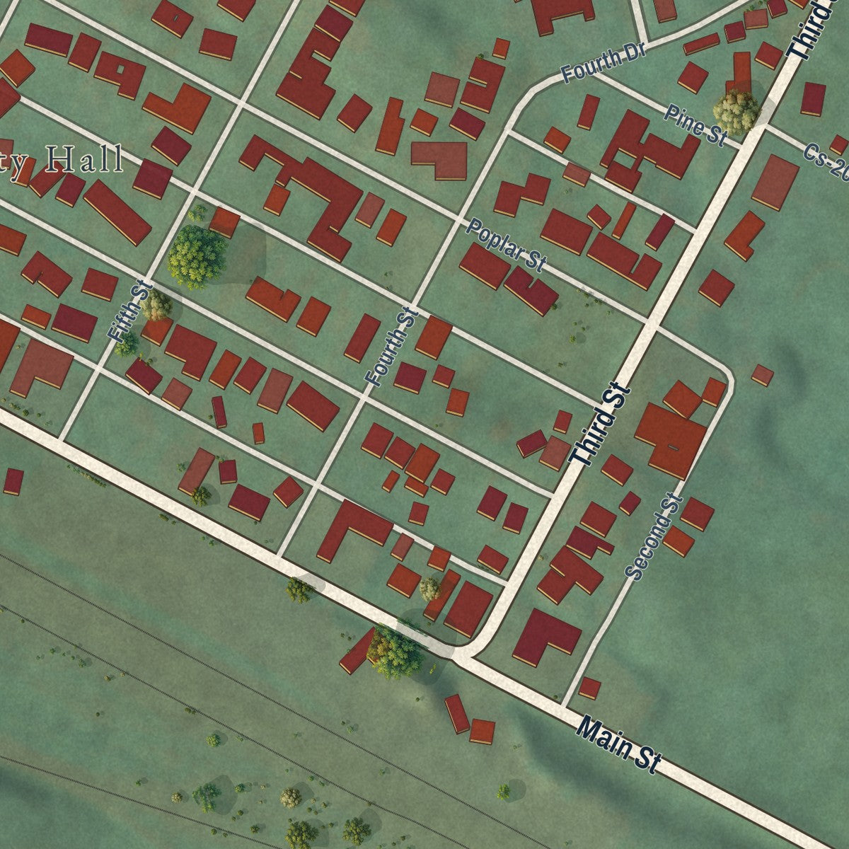 Close-up of the map of Ravenna, Kentucky print showing street and building detail
