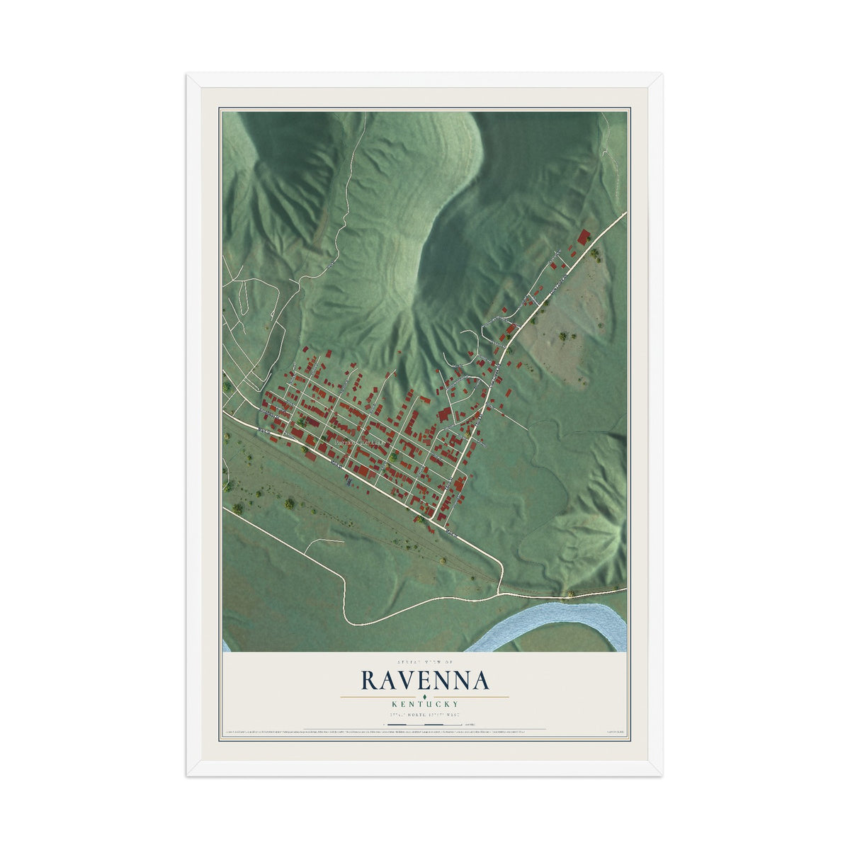 Map of Ravenna, Kentucky, 12 x 18 inch print in a white wood frame