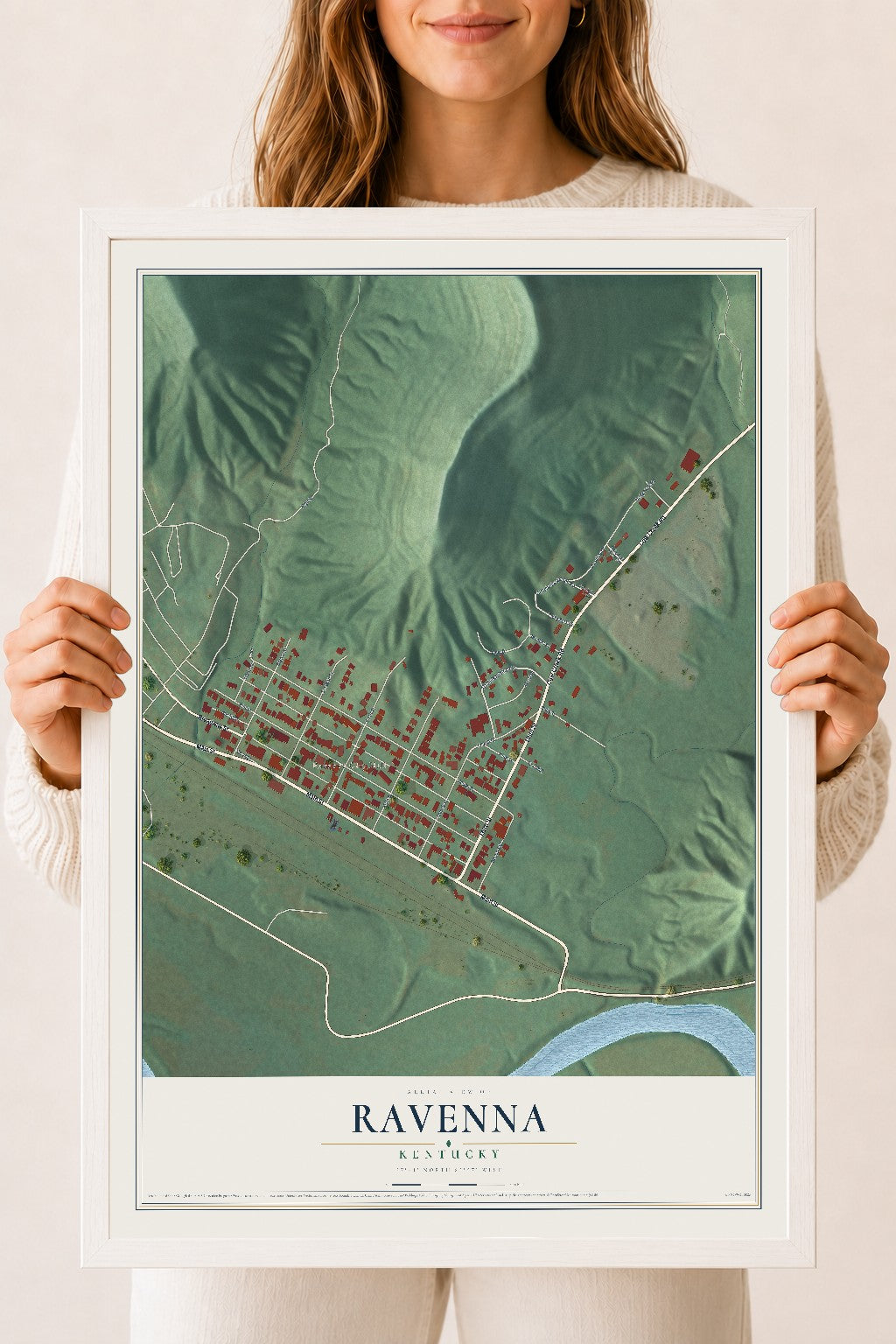 Map of Ravenna, Kentucky, 18 x 24 inch print in a white wood frame