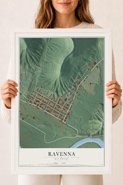 Map of Ravenna, Kentucky, 18 x 24 inch print in a white wood frame