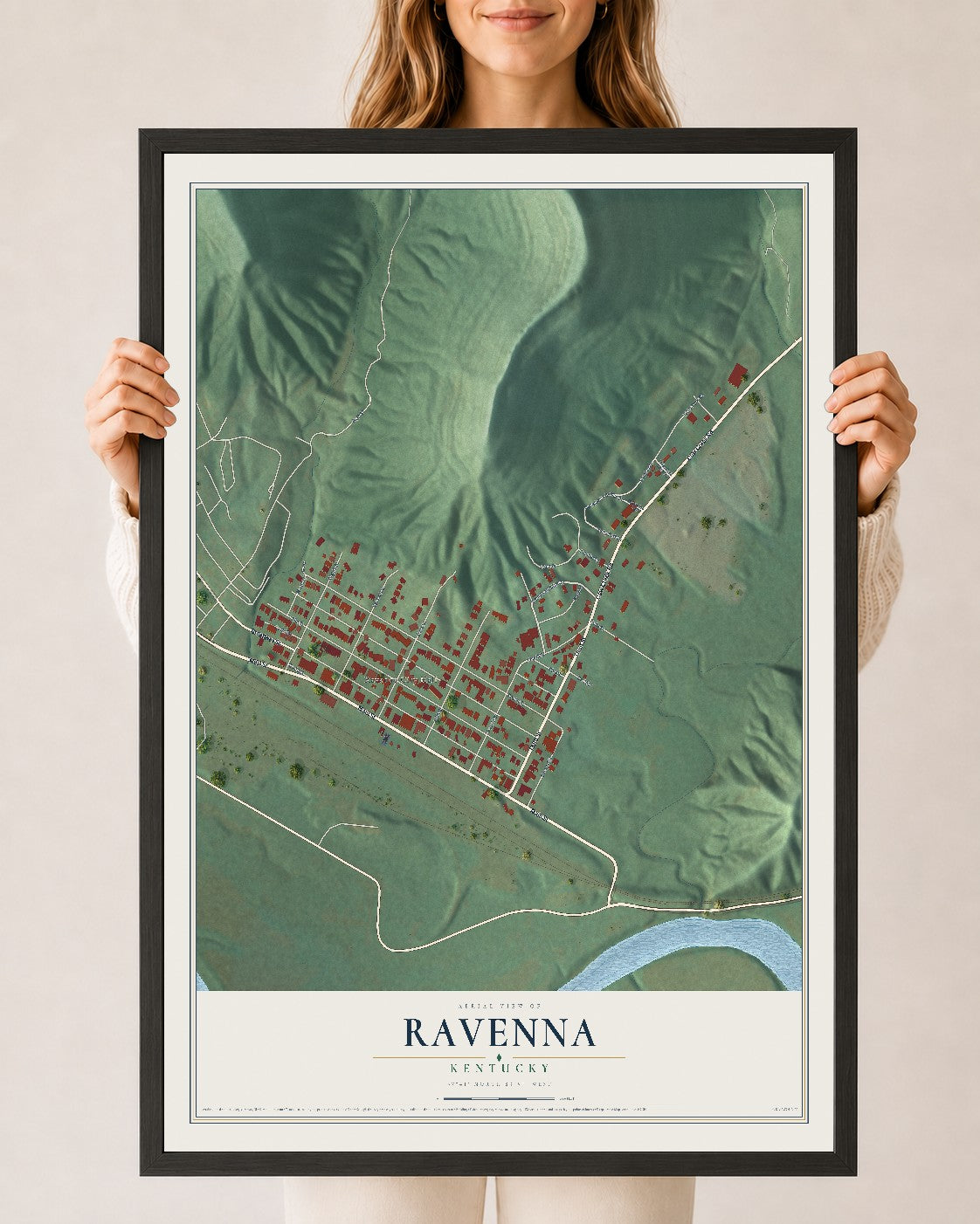 Map of Ravenna, Kentucky, 24 x 36 inch print in a black wood frame