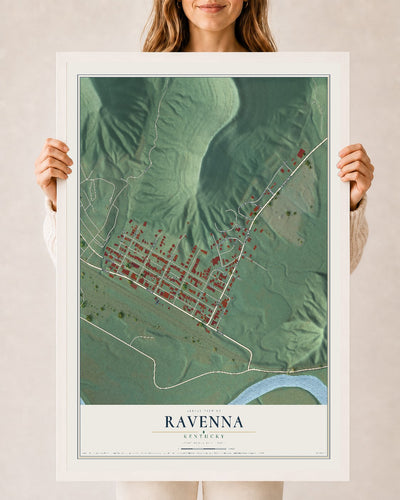 Map of Ravenna, Kentucky, 24 x 36 inch print in a white wood frame