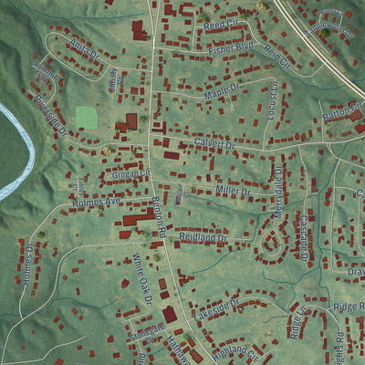 Close-up of the map of Reidland, Kentucky print showing street and building detail