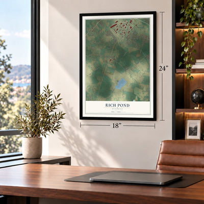 Rich Pond, Kentucky map, 18 x 24 inch print in a black frame in a home office