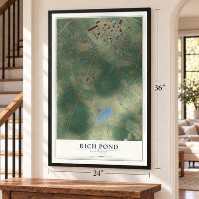Rich Pond, Kentucky map, 24 x 36 inch print in a black frame by a staircase
